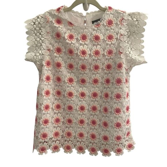 J Crew Pink White Floral Top Blouse Embroidered Lace Women’s Size XS Flower - Picture 1 of 7